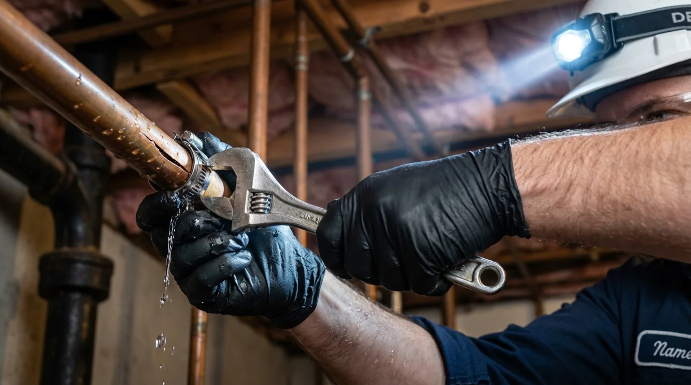 Emergency pipe clamp repair being performed by a Johns Plumbing LLC plumber in Vincentown