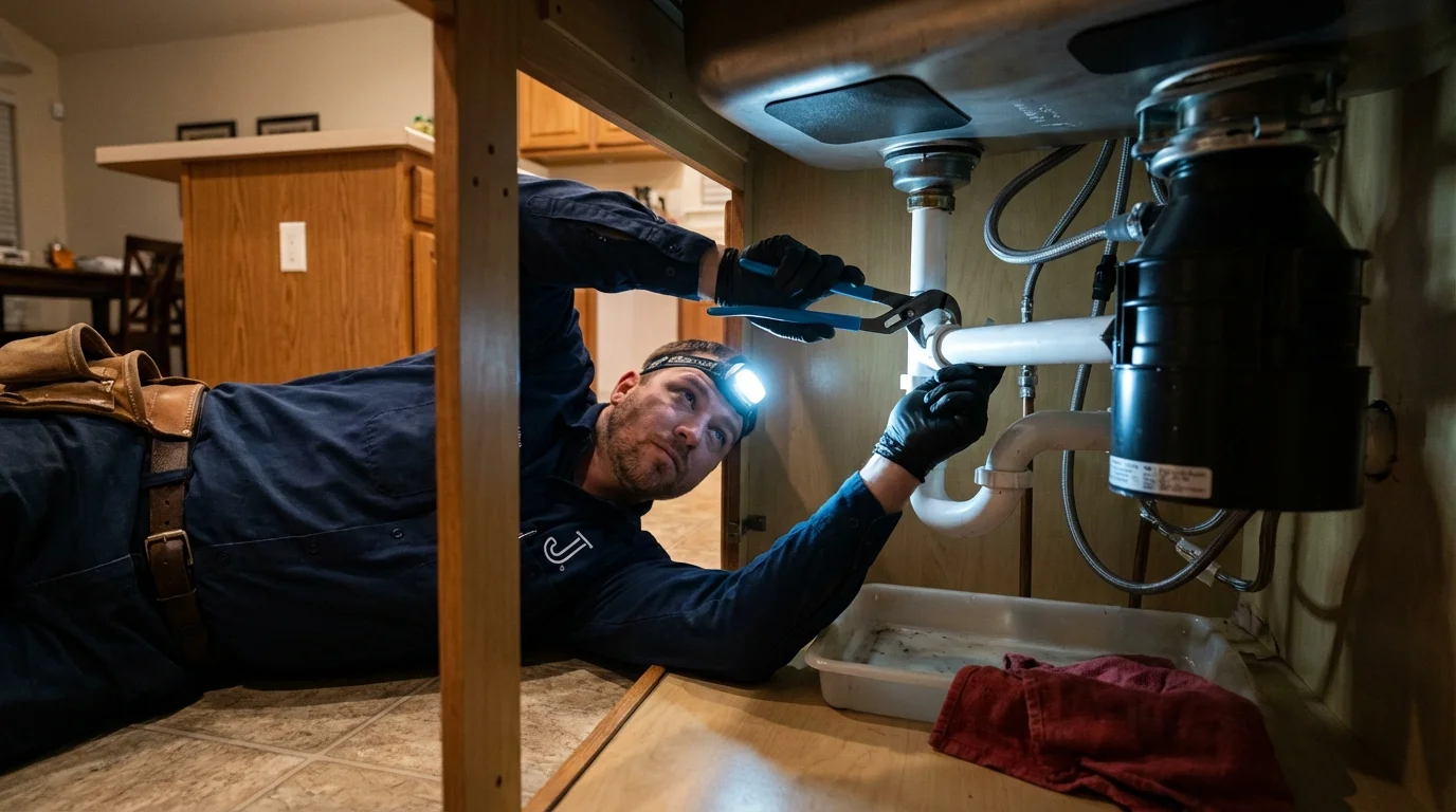 P-trap and supply line connections under a kitchen sink showing a common leak point in Vincentown, NJ